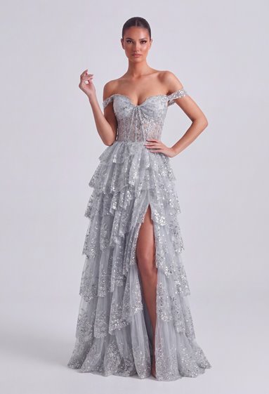 CARMEN-srebrzysta sukienka z&nbsp;wiązaniem