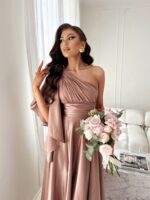 NEMEZIS- beżowa, satynowa suknia asymetryczna