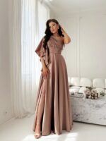 NEMEZIS- beżowa, satynowa suknia asymetryczna