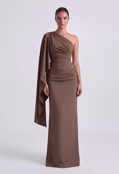 OLIMPIA asymetryczna beżowa suknia odpinany rękaw