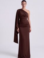 OLIMPIA asymetryczna brązowa suknia odpinany rękaw