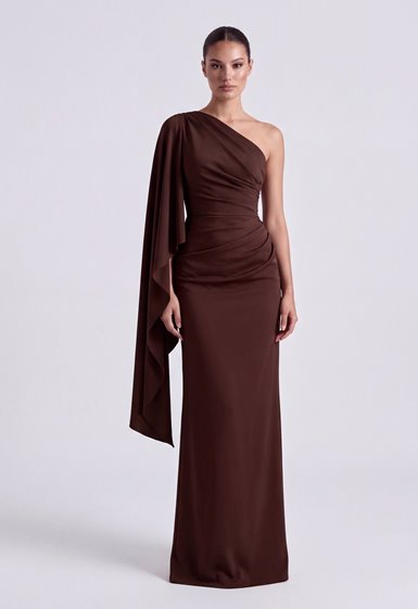 OLIMPIA asymetryczna brązowa suknia odpinany rękaw