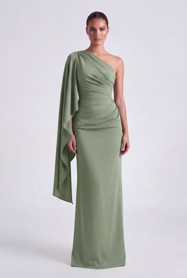 OLIMPIA asymetryczna szałwiowa suknia