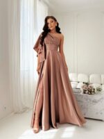 NEMEZIS- beżowa, satynowa suknia asymetryczna