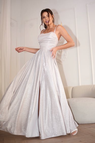 AMANDA- srebrna suknia z&nbsp;wiązanym gorsetem