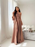 NEMEZIS- beżowa, satynowa suknia asymetryczna