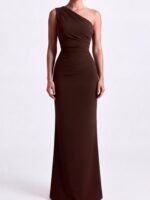 OLIMPIA asymetryczna brązowa suknia odpinany rękaw