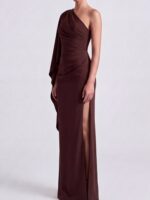 OLIMPIA asymetryczna brązowa suknia odpinany rękaw