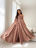 NEMEZIS- beżowa, satynowa suknia asymetryczna