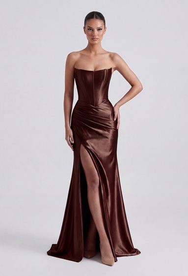 LAUREN- brązowa, satynowa suknia maxi COMING SOON