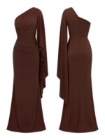 OLIMPIA asymetryczna brązowa suknia odpinany rękaw
