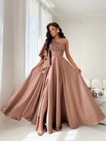 NEMEZIS- beżowa, satynowa suknia asymetryczna