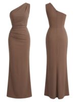 OLIMPIA asymetryczna beżowa suknia odpinany rękaw